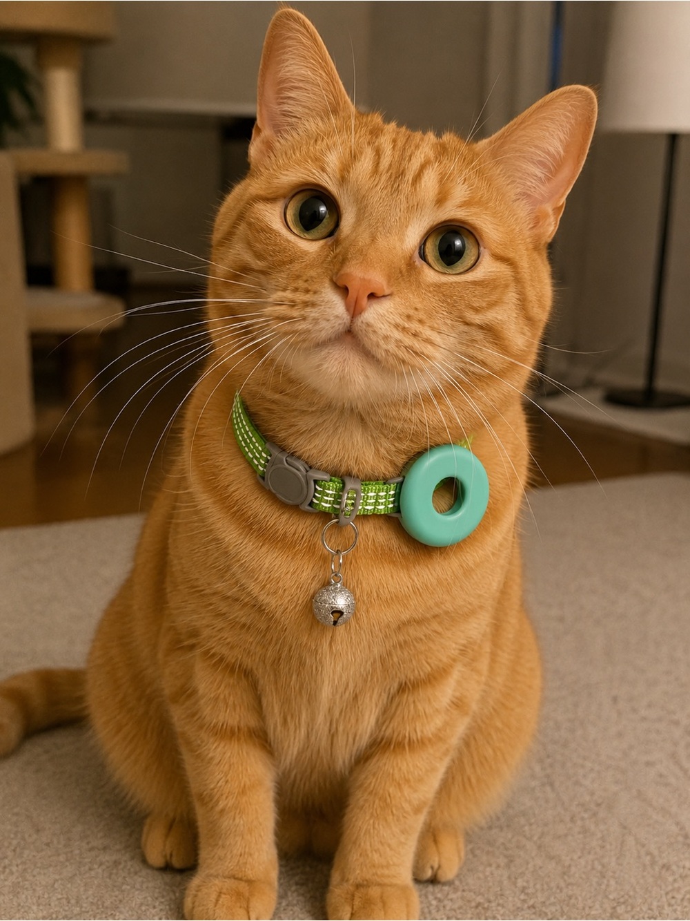 Green Reflective Dog Collar with Blue air tag Holder